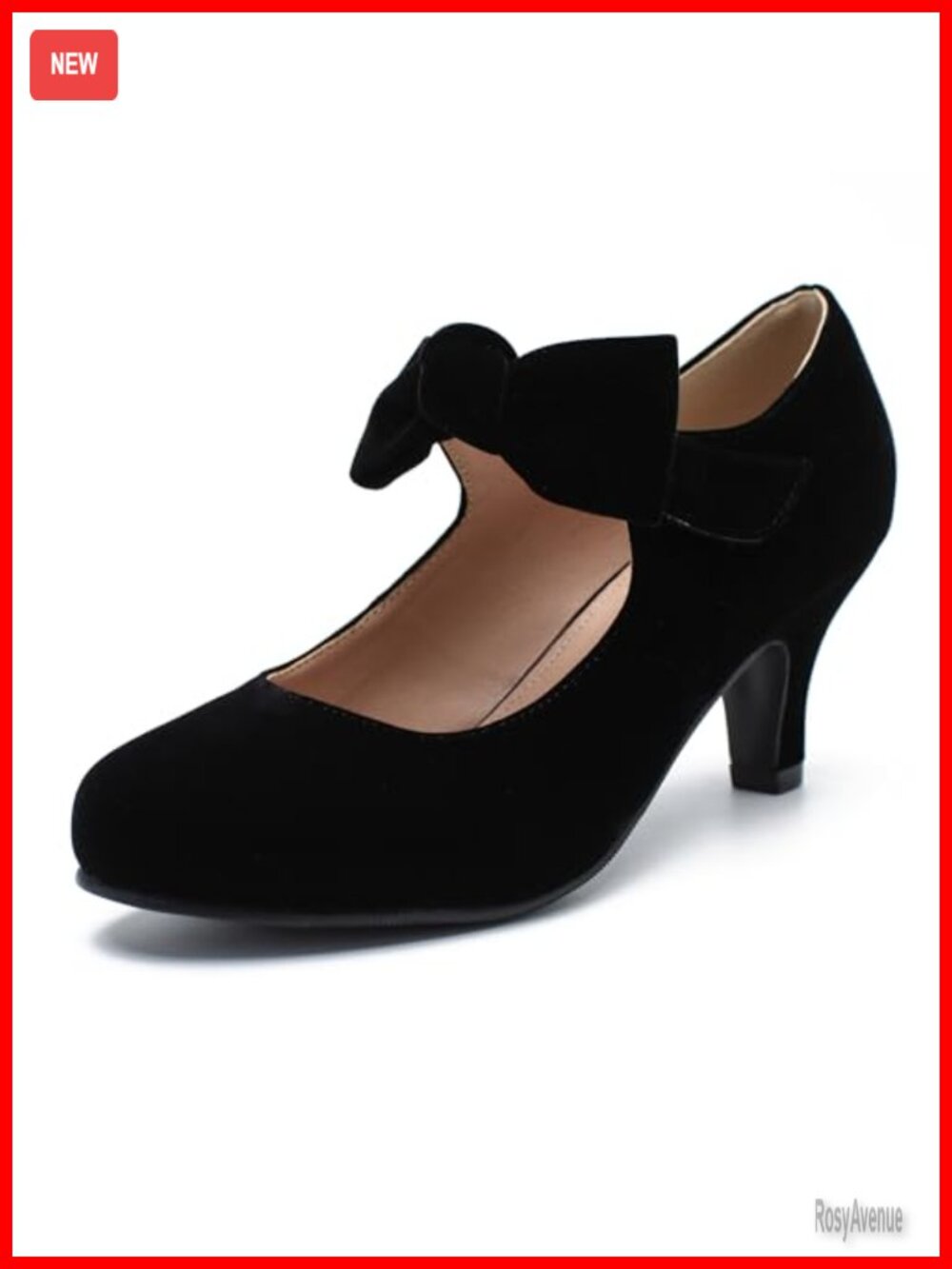 Mary Jane Heels Round Toe Block Pump Faux Suede Bow